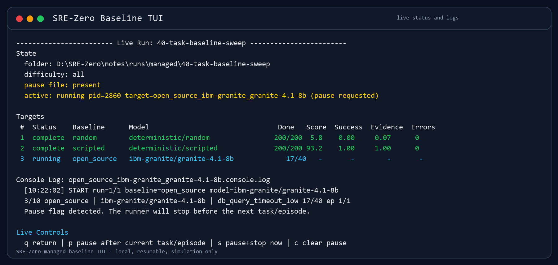 SRE-Zero TUI live monitor showing a pause request during an open-source model run with logs visible.